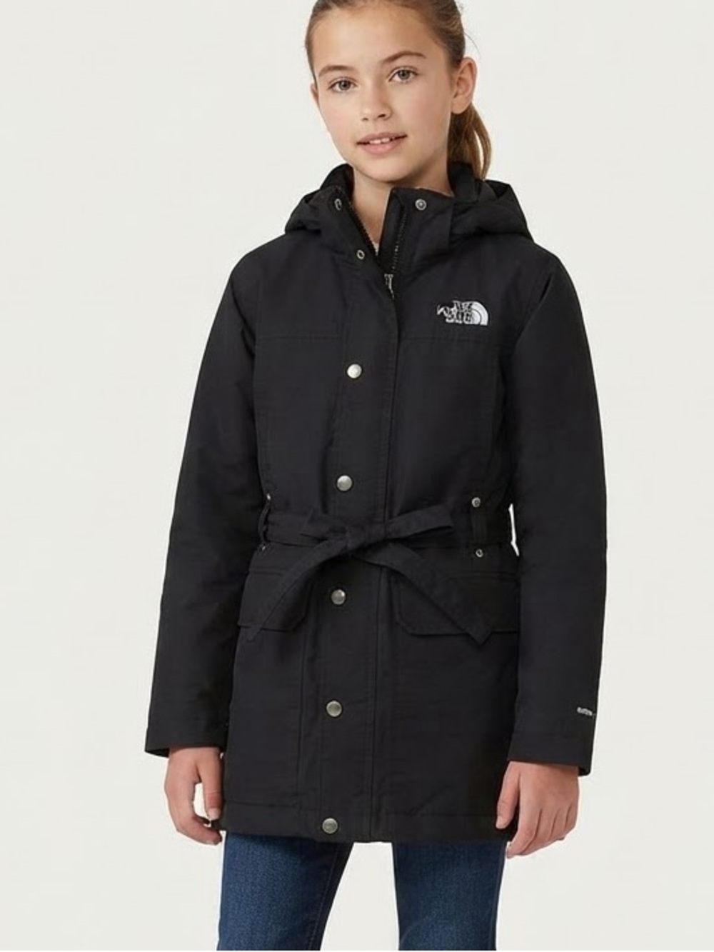 The North Face Sz M Girl Black Down Feather Belted Hooded Winter Coat